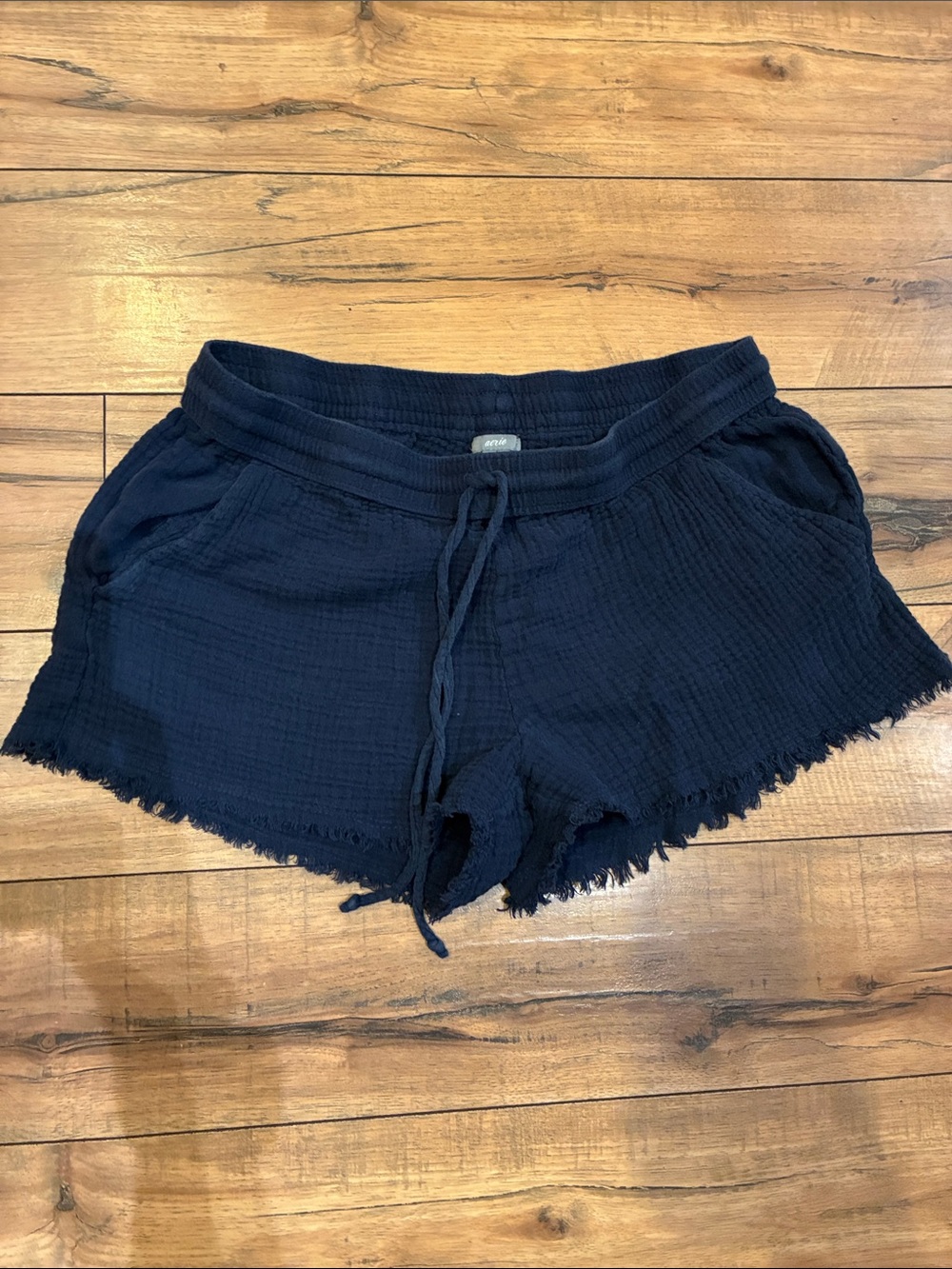 aerie Navy Drawstring Frayed-Hem Shorts